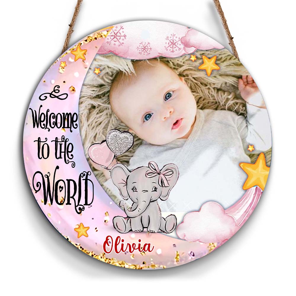 Personalized Baby Welcome To The World Elephant Photo Round Wood Sign 28145 Primary Mockup
