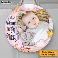 Personalized Baby Welcome To The World Elephant Photo Round Wood Sign 28145 thumb 1