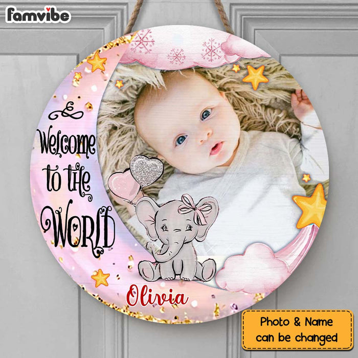 Personalized Baby Welcome To The World Elephant Photo Round Wood Sign 28145 1