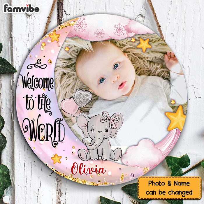 Personalized Baby Welcome To The World Elephant Photo Round Wood Sign 28145 1