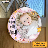 Personalized Baby Welcome To The World Elephant Photo Round Wood Sign 28145 thumb 1