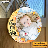 Personalized Gift For Baby Welcome To The World Elephant Photo Round Wood Sign 28147 thumb 1