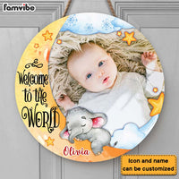 Personalized Gift For Baby Welcome To The World Elephant Photo Round Wood Sign 28147 thumb 1
