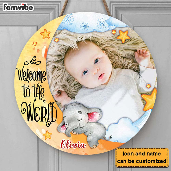 Personalized Gift For Baby Welcome To The World Elephant Photo Round Wood Sign 28147 1