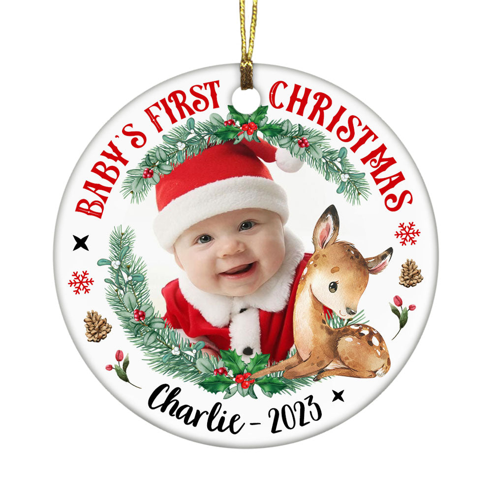 Personalized Photo Deer Baby's First Christmas Circle Ornament 28155 Primary Mockup