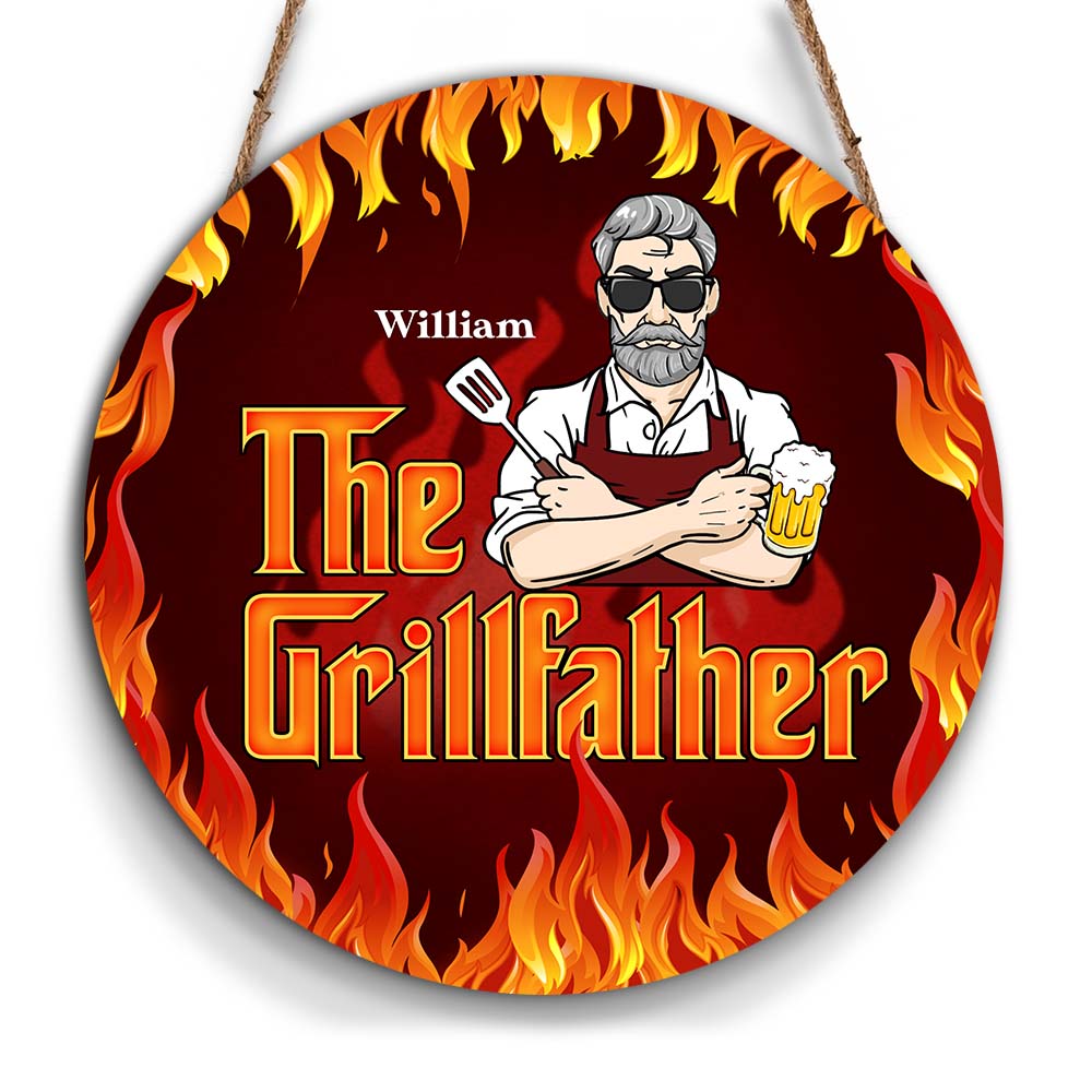 Personalized Gift For Grandpa The Grillfather Round Wood Sign 28207 Primary Mockup