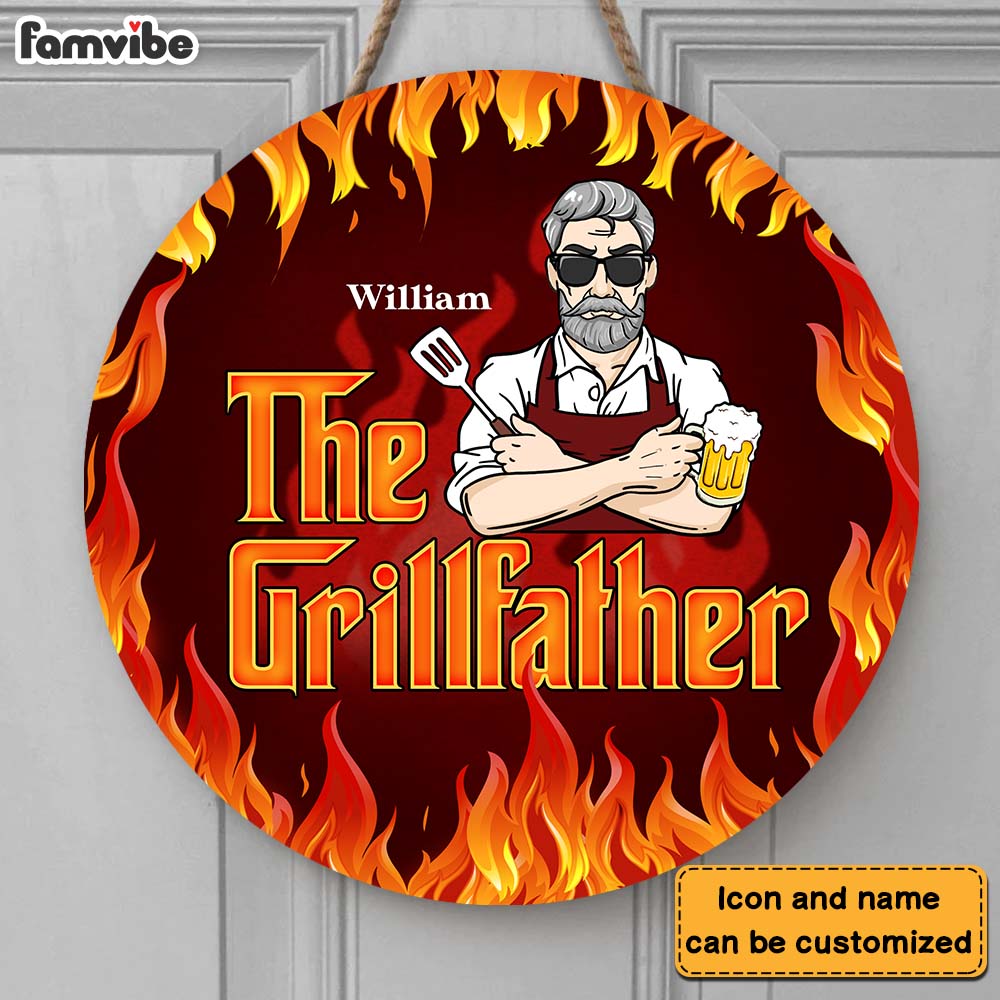 Personalized Gift For Grandpa The Grillfather Round Wood Sign 28207 Primary Mockup