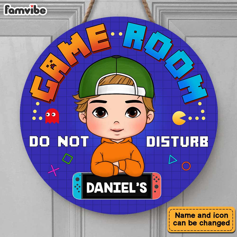 Personalized Birthday Gift For Grandson Game Room Do Not Disturb Round Wood Sign 28328 Primary Mockup