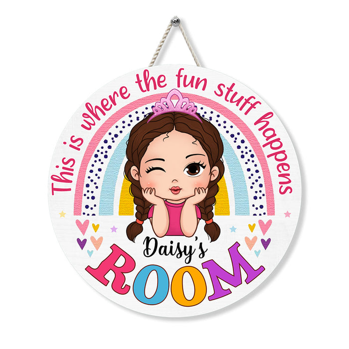 Personalized Birthday Gift For Granddaughter Where The Fun Stuff Happens Round Wood Sign 28376 1