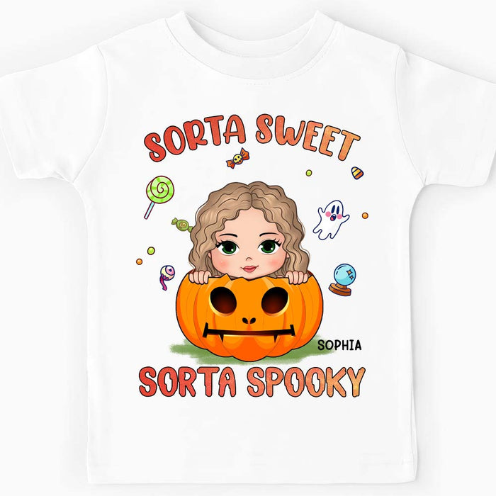 Personalized Halloween Gift For Granddaughter Sorta Sweet Sorta Spooky Kid T Shirt 28385 1