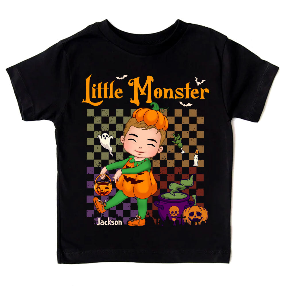 Personalized Halloween Gift For Grandson Little Monster Kid T Shirt 28395 Mockup Black