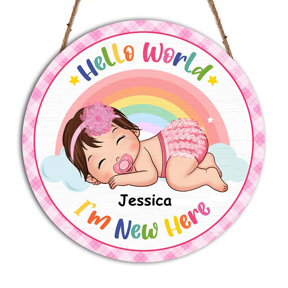 Personalized Hello World I'm New Here Baby Round Wood Sign 28437 Primary Mockup