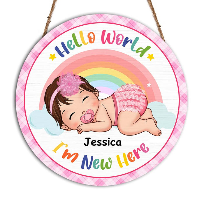 Personalized Hello World I'm New Here Baby Round Wood Sign 28437 1