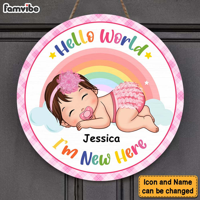 Personalized Hello World I'm New Here Baby Round Wood Sign 28437 1