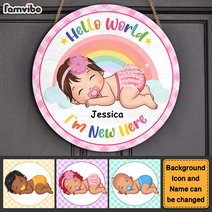 Personalized Hello World I'm New Here Baby Round Wood Sign 28437 1