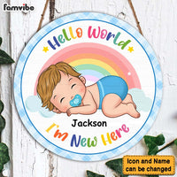 Personalized Hello World I'm New Here Baby Round Wood Sign 28437 thumb 1