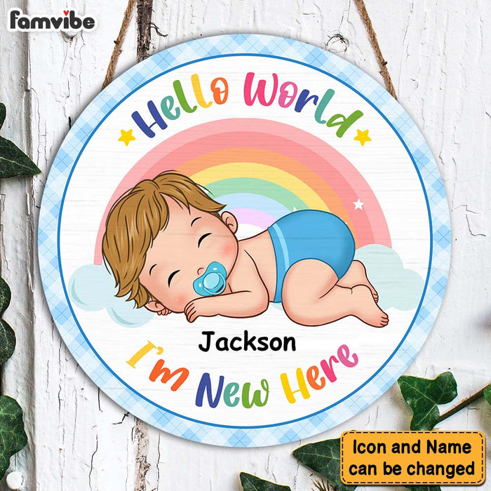 Personalized Hello World I'm New Here Baby Round Wood Sign 28437 - Famvibe