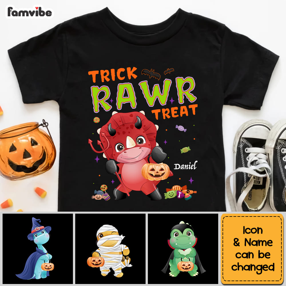 Personalized Halloween Gift For Grandson Trick Rawr Treat Cute Dino Kid T Shirt 28536 Mockup 2