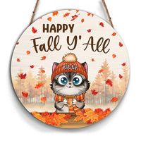 Personalized Gift For Cat Lovers Happy Fall Y'all Round Wood Sign 28582 thumb 1