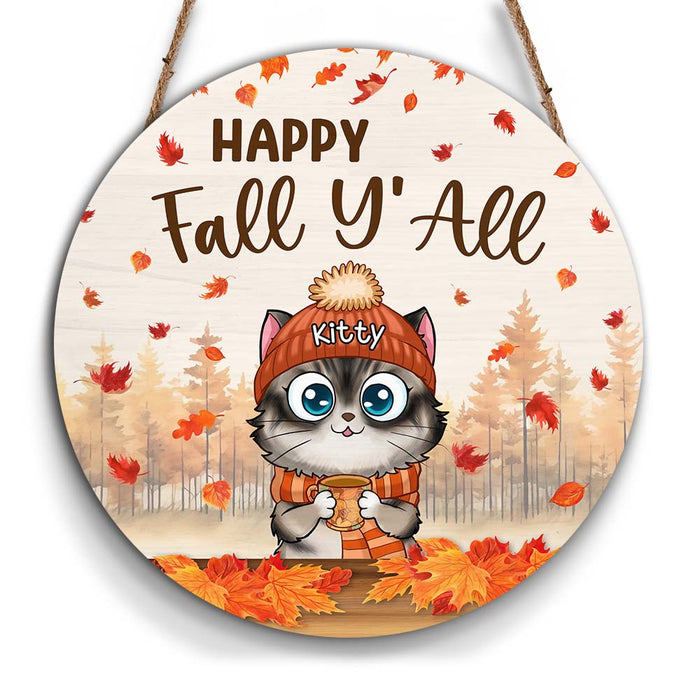 Personalized Gift For Cat Lovers Happy Fall Y'all Round Wood Sign 28582 1