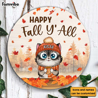 Personalized Gift For Cat Lovers Happy Fall Y'all Round Wood Sign 28582 thumb 1