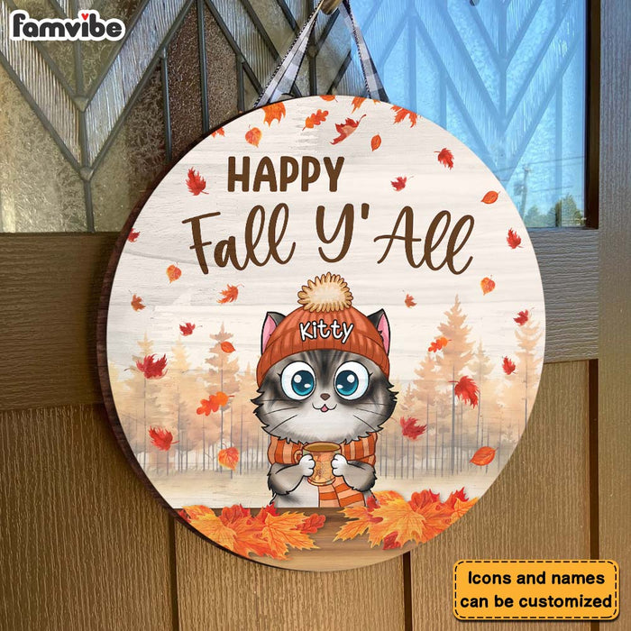 Personalized Gift For Cat Lovers Happy Fall Y'all Round Wood Sign 28582 1