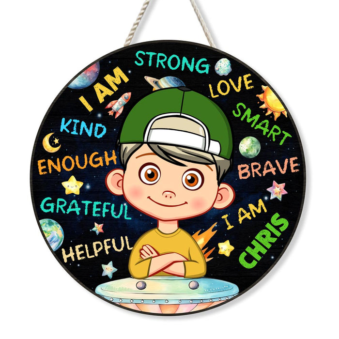 Personalized Gift For Grandson Cosmos Space Affirmation Round Wood Sign 28608 1