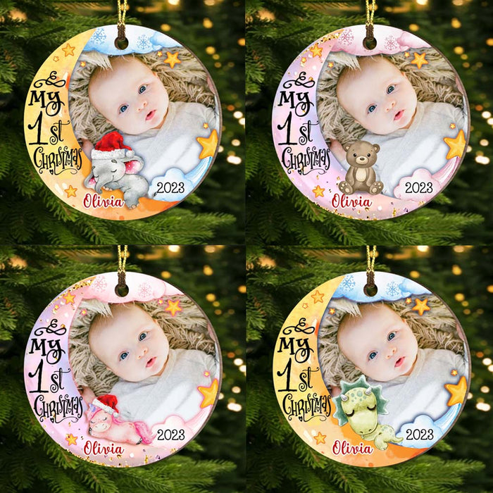 Personalized Baby's First Christmas Animal Upload Photo Circle Ornament 28629 1