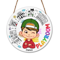 Peronalized Gift For Grandson My Playroom Round Wood Sign 28638 thumb 1