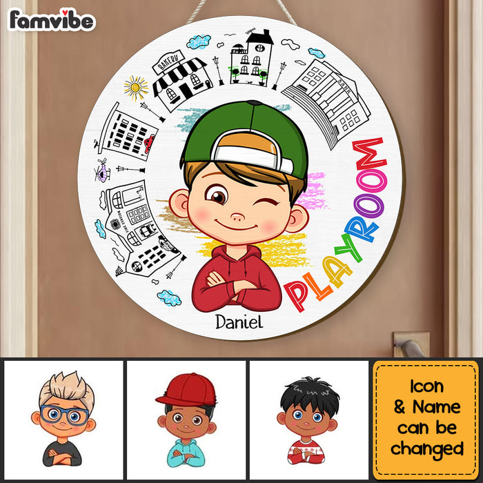 Peronalized Gift For Grandson My Playroom Round Wood Sign 28638 1