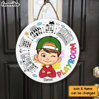 Peronalized Gift For Grandson My Playroom Round Wood Sign 28638 thumb 1