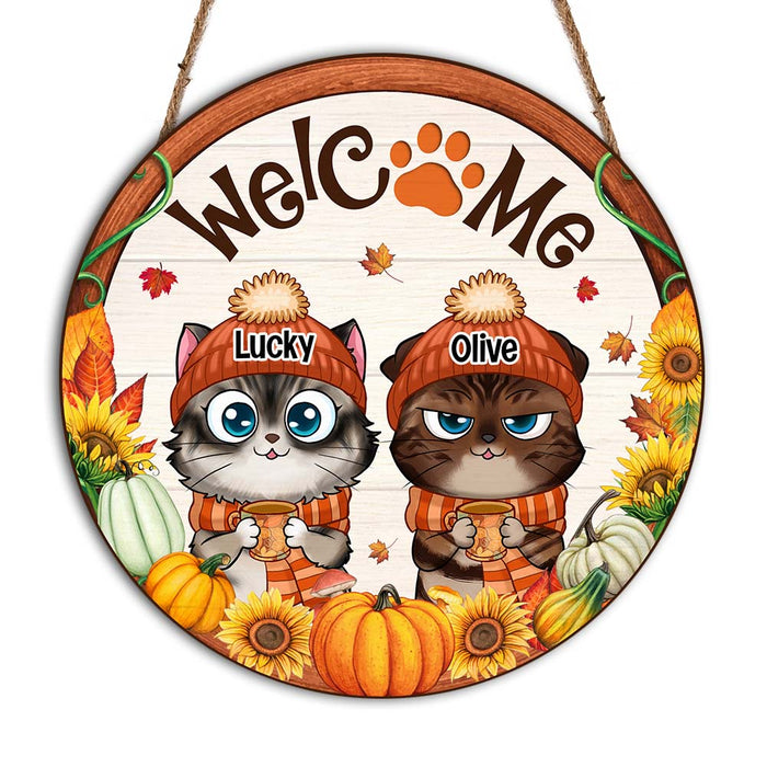 Personalized Gift For Cat Lovers Welcome Fall Round Wood Sign 28698 1