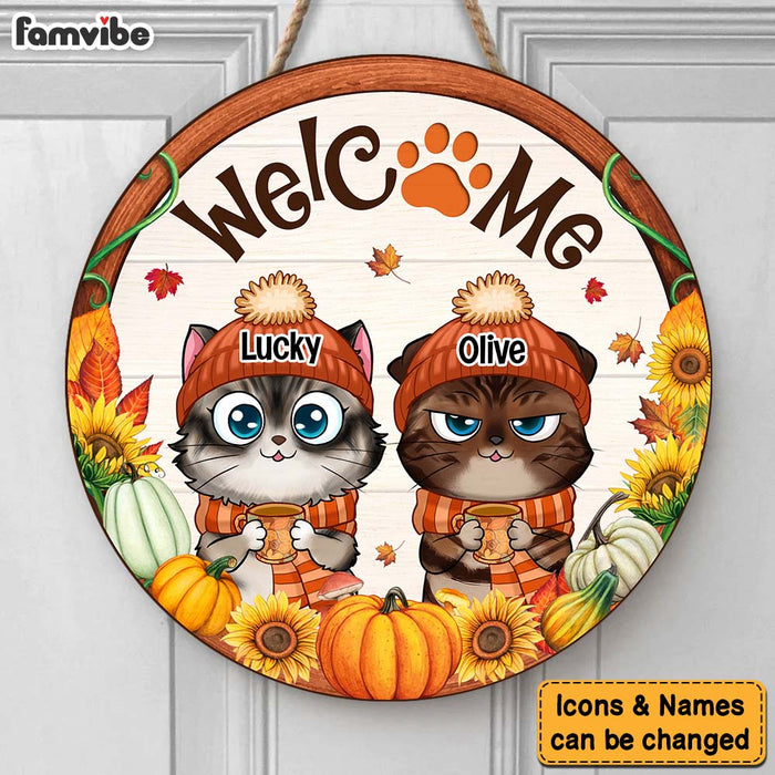 Personalized Gift For Cat Lovers Welcome Fall Round Wood Sign 28698 1