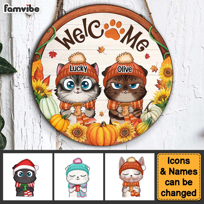 Personalized Gift For Cat Lovers Welcome Fall Round Wood Sign 28698 1
