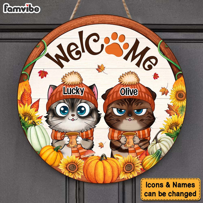Personalized Gift For Cat Lovers Welcome Fall Round Wood Sign 28698 1
