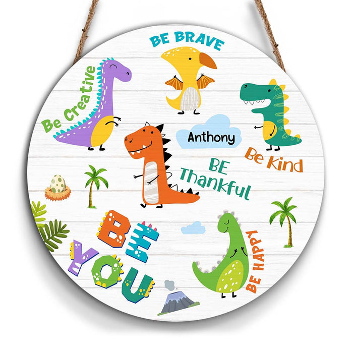 Personalized Be Kind Dinosaur Grandson  Round Wood Sign 28728 1