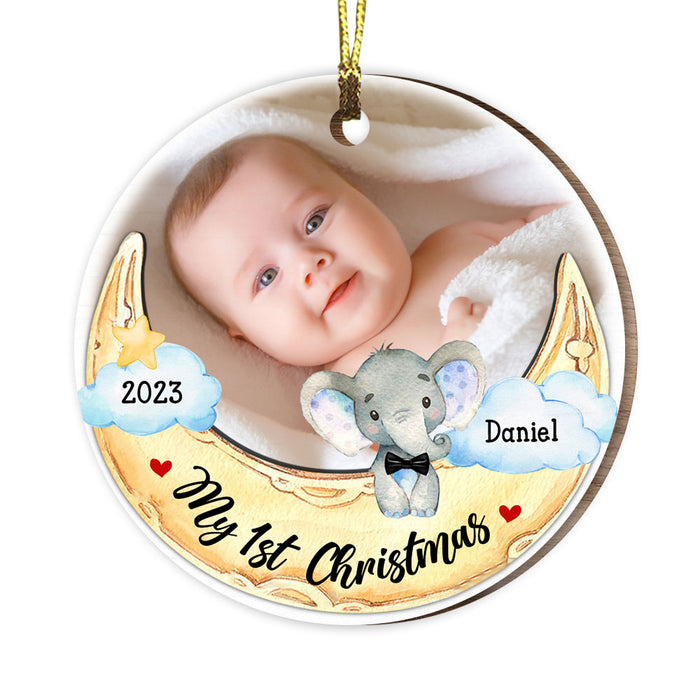 Personalized Elephant Baby And Moon First Christmas Circle Ornament 28745 1