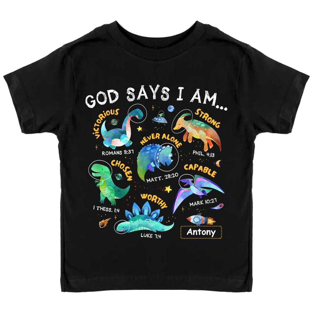 Personalized Gift For Grandson Space Dinosaur God Says I Am Kid T Shirt 28751 Mockup Black