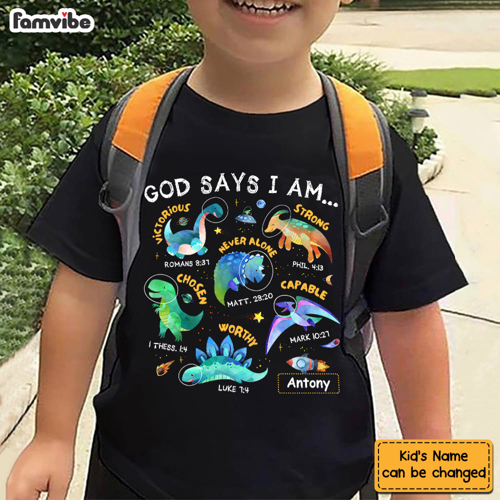 Personalized Gift For Grandson Space Dinosaur God Says I Am Kid T Shirt 28751 Mockup Black