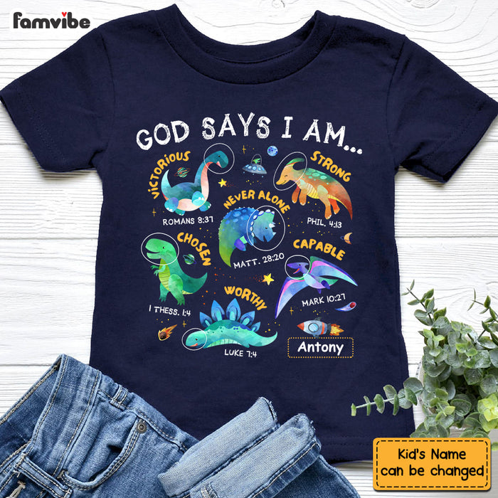 Personalized Gift For Grandson Space Dinosaur God Says I Am Kid T Shirt 28751 1