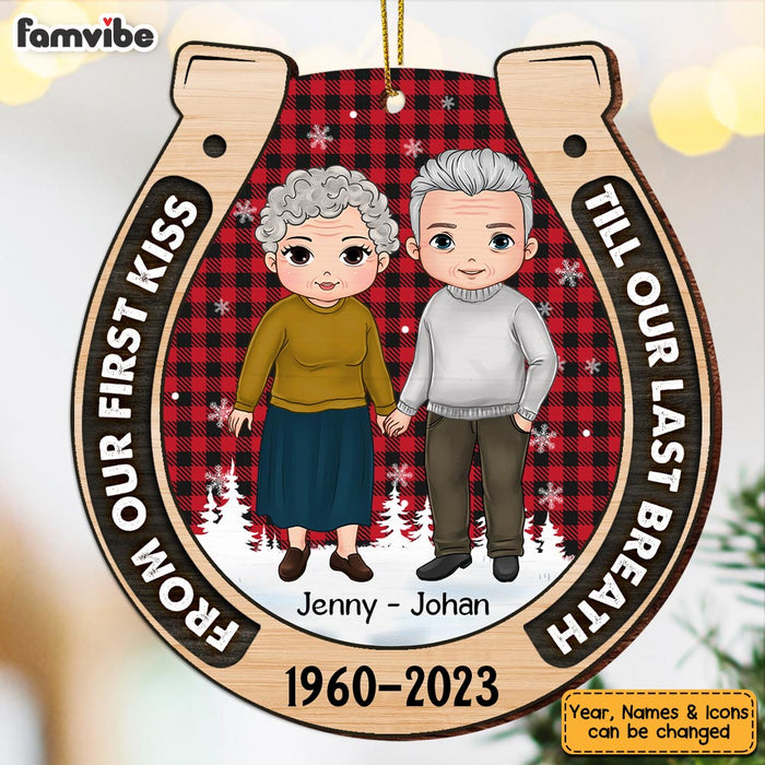 Personalized Christmas Gift For Couple Horseshoe Our First Kiss Ornament 28778 1