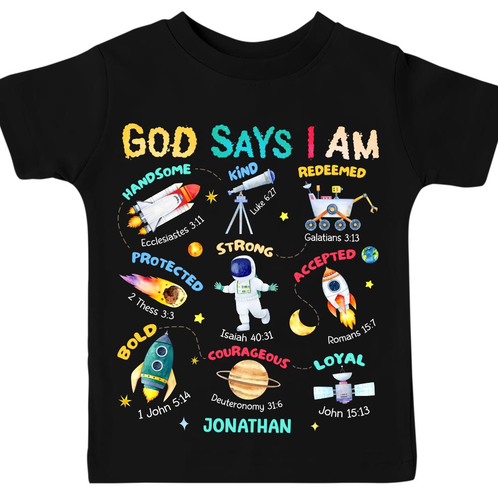 Personalized Gift For Grandson God Says I Am Space Theme Kid T Shirt 28819 Mockup Black