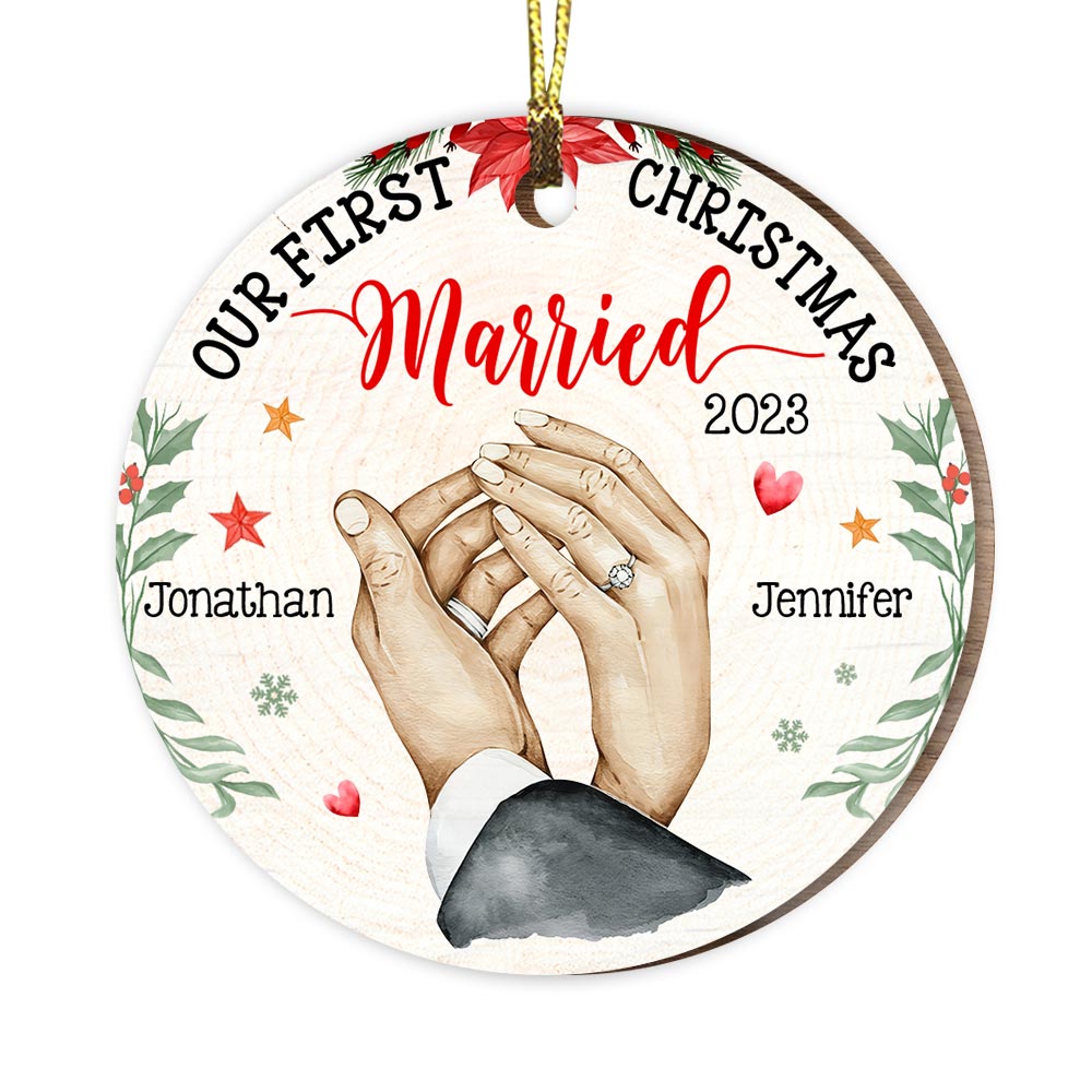 Personalized Gift For Couple Holding Hands Our First Christmas Circle Ornament 28834 Primary Mockup