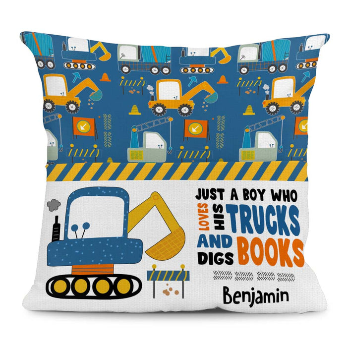 Personalized Just A Boy Who Loves His Trucks And Digs Books Grandson Pocket Pillow With Stuffing 28924 1