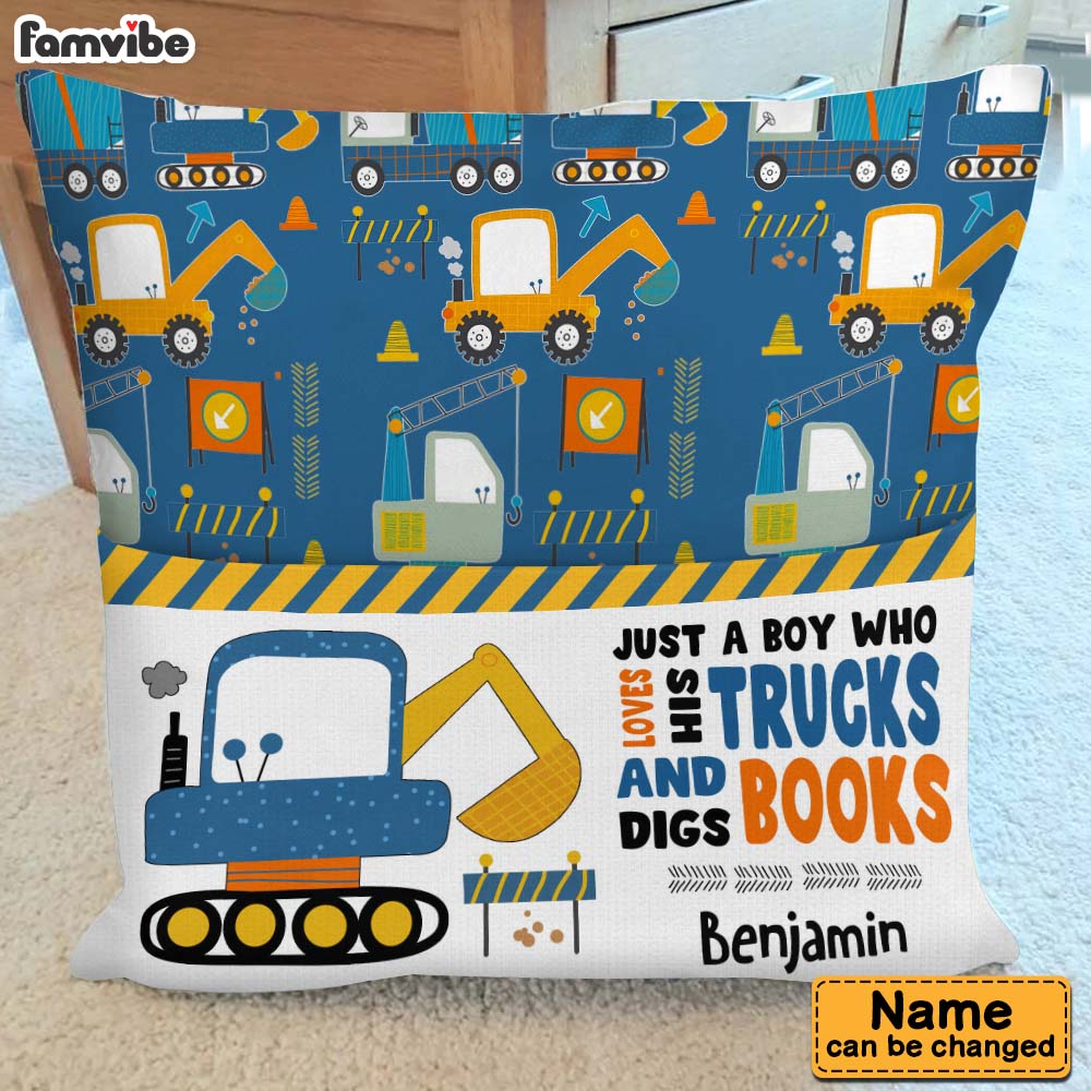 Personalized Just A Boy Who Loves His Trucks And Digs Books Grandson Pocket Pillow 28924 Primary Mockup