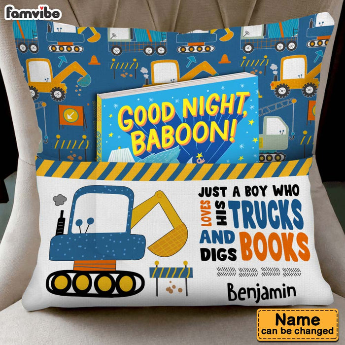 Personalized Just A Boy Who Loves His Trucks And Digs Books Grandson Pocket Pillow With Stuffing 28924 1