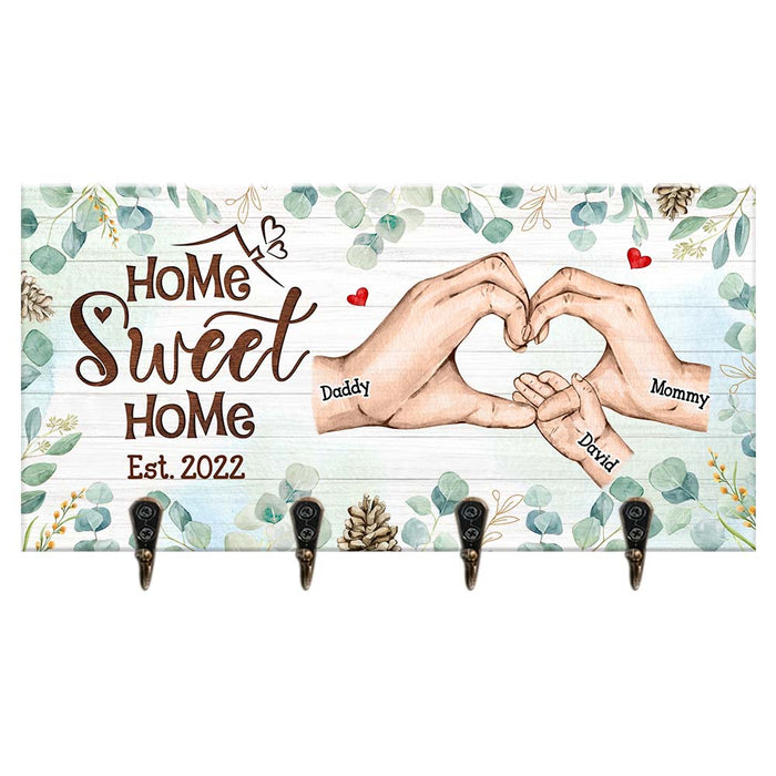 Home Sweet Home - Personalized Key Hanger, Key Holder - Gift for Couples  Husband Wife 4-5 Key Hooks Wooden Decorative Family Sign with Hooks Key