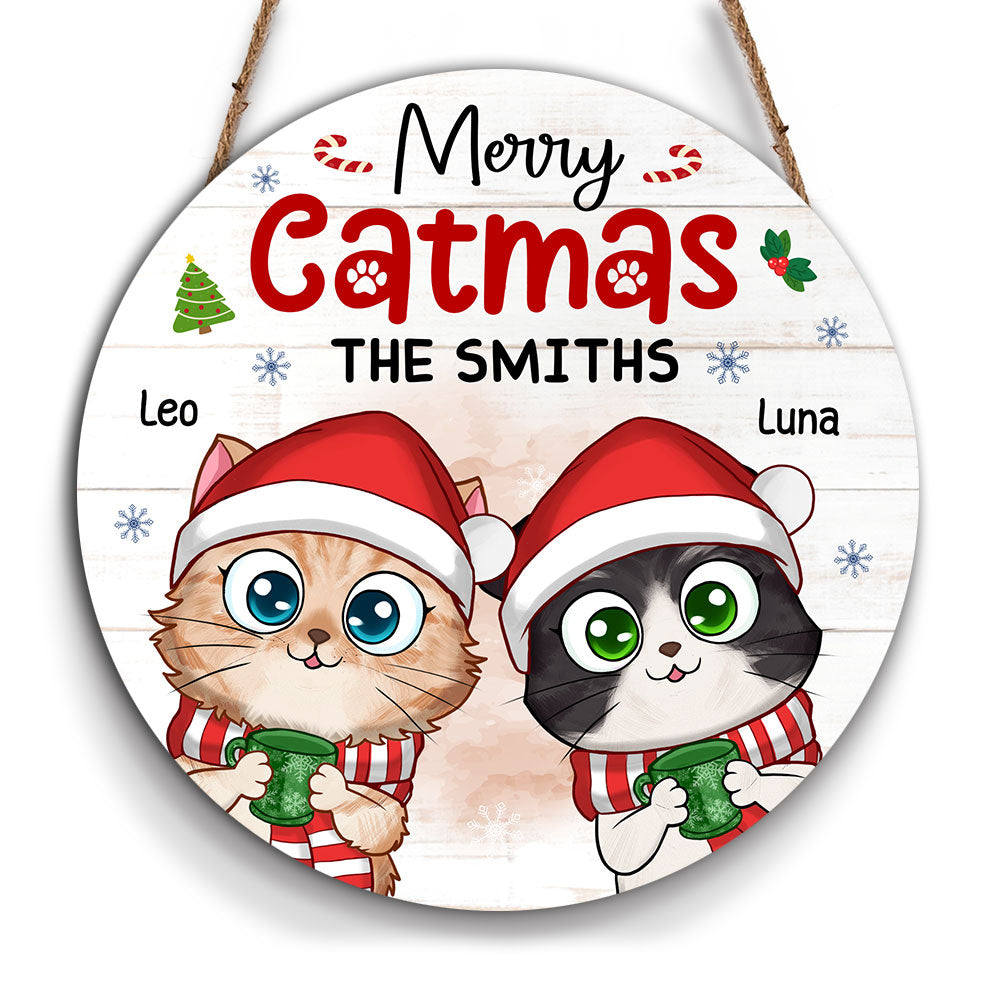 Personalized Cat Christmas Cat Mom Merry Catmas Round Wood Sign 28947 Primary Mockup