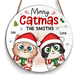 Personalized Cat Christmas Cat Mom Merry Catmas Round Wood Sign 28947 Primary Mockup