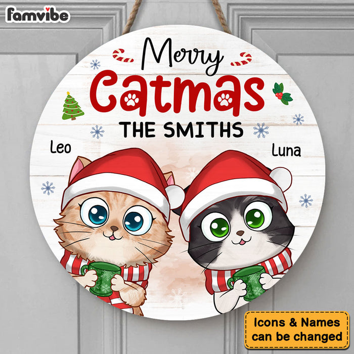 Personalized Cat Christmas Cat Mom Merry Catmas Round Wood Sign 28947 1